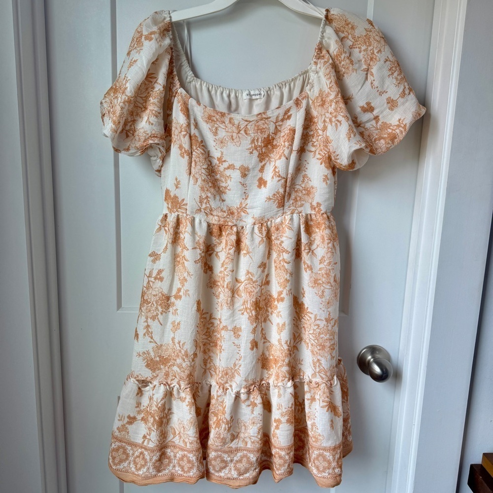 Floral Puff Sleeve Mini Dress Orange White Boho Cottagecore Rayon Blend Large